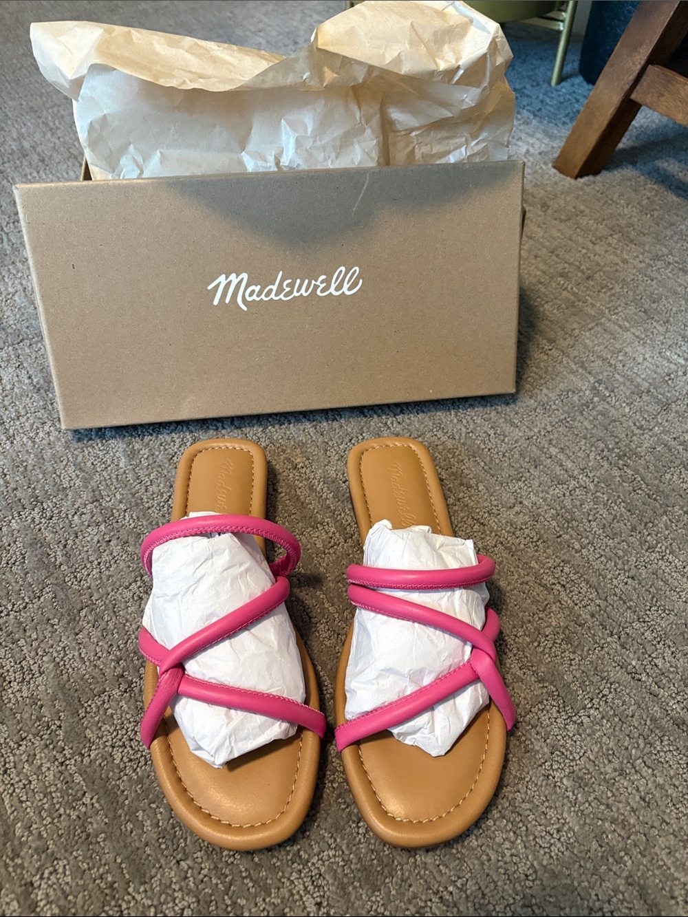 Madewell Pink Strappy Slide Sandals with Tan Footbed